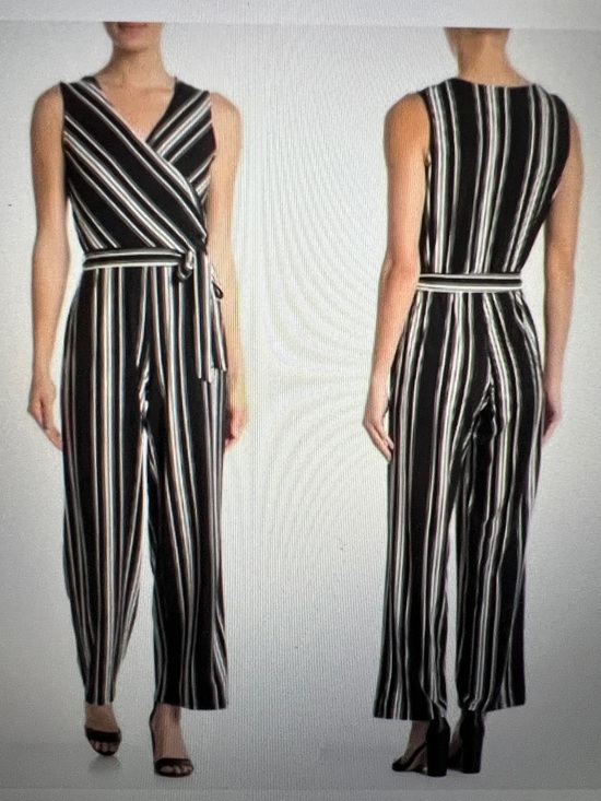 Nina Leonard Pants - Nina Leonard Gorgeous Black and White Striped Wrap Jumpsuit With Belt Large